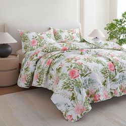 Printed Quilt Set With Tote by BrylaneHome in Pink Floral (Size KING)