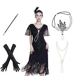 Anni Ruggenti Anni 1920 Lunghezza al ginocchio Vestito Abito Flapper Abiti Maniche corte Il grande Gatsby Invitato al matrimonio Paillettes Frangia con nappe Paillettes Nappa Scollo a V Costume Per