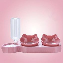 TEMU 3-in-1 Cat Feeding Station: Plastic Food & Water Bowls With Automatic Dispenser - Cute Ear Design For Cats, Includes Dry & Treat Bowls On Tray