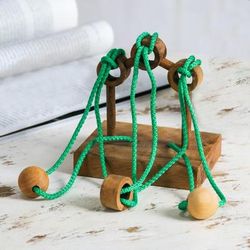 Tied Bridge,'Handcrafted Wood and Green Nylon Disentanglement Puzzle Game'