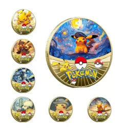 New Pokemon Gold Coin Metal Set Pikachu Charizard Commemorative Anime Baby Starry Sky Oil Painting