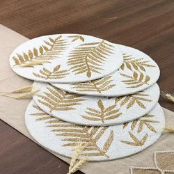 Golden Dinner,'Set of 4 Leafy White and Golden Glass Beaded Placemats'