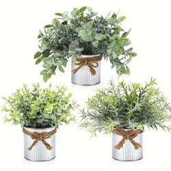 3pcs Lightweight Potted Artificial Plant, Faux Eucalyptus Desk Fake Potted Plants In Rustic Rectangular Pot, Table Centerpiece For Home Decor, Office Bathroom Desk Room Greenery Decor Or Gift