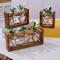 Air Plant Terrarium With Wooden Stand, Plant Propagation Stations With Heart Vase, Kawaii Plant Terrarium, Gifts For Plant Lovers, For Hydroponics Home Garden Office Decoration