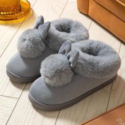 Women's Kawaii Rabbit Decor Slipeprs, Comfortable Plush Lined Slip On Shoes, Women's Warm Winter Shoes