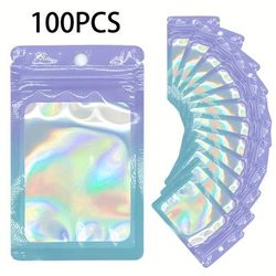 100 Pcs Resealable Mylar Ziplock Bags, Holographic Gradient Bags With Clear Window, Packaging Pouch Party Bags Sample Bags For Food Storage/jewelry/eyelash