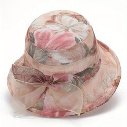 Elegant Begonia Print Organza Derby Hat - Lightweight Sun Bucket Hat For Women's Outdoor Travel And Beach - Perfect Mother's Day Gift