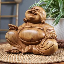 'Suar Wood Sculpture of Laughing Buddha Hand-Carved in Bali'