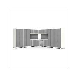 NewAge Garage Cabinets PRO Series Platinum 16-Piece Corner Set with Stainless Steel Tops and Slatwall