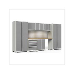 NewAge Garage Cabinets PRO Series Platinum 8-Piece Set with Bamboo Top, Slatwall and LED Lights