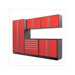Proslat Garage Cabinets 6-Piece Glossy Red Cabinet Set with Silver Handles and Powder Coated Worktop