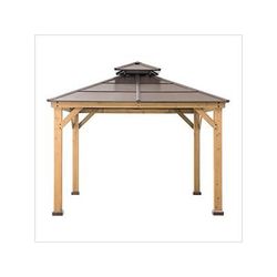 Sunjoy Group 11 x 11 Wooden 2-Tier Hardtop Gazebo with Ceiling Hook (Brown Roof)