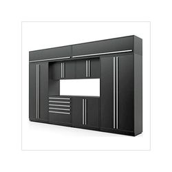 Proslat Garage Cabinets 9-Piece Mat Black Cabinet Set with Silver Handles and Powder Coated Worktop