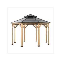 Sunjoy Group 13 x 13 Wooden Hardtop 2-Tier Octagon Gazebo with Ceiling Hook (Black Roof)