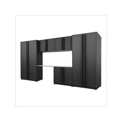 Proslat Garage Cabinets 6-Piece Mat Black Cabinet Set with Black Handles and Stainless Steel Worktop
