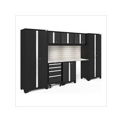 NewAge Garage Cabinets BOLD Series Black 8-Piece Set with Stainless Top, Backsplash, LED Lights