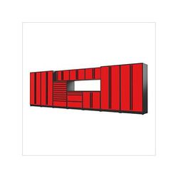 Proslat Garage Cabinets 11-Piece Glossy Red Cabinet Set with Black Handles and Powder Coated Worktop