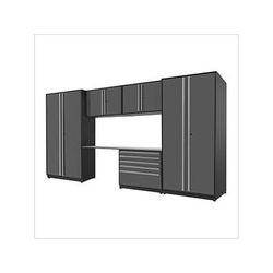 Proslat Garage Cabinets 6-Piece Glossy Grey Cabinet Set with Silver Handles and Stainless Steel Worktop