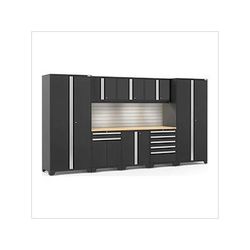 NewAge Garage Cabinets PRO Series Black 9-Piece Set with Bamboo Top, Slatwall and LED Lights