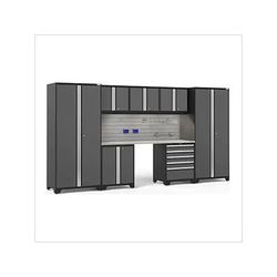NewAge Garage Cabinets PRO Series Grey 8-Piece Set with Stainless Top, Slatwall Hook Kit and LEDs