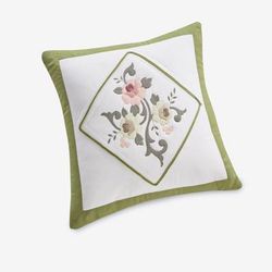 Ava Embroidered Cotton 16" Square Pillow by BrylaneHome in Dark Green