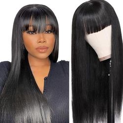 Straight Human Hair Wigs With Bangs Full Machine Made 100% Real Remy Human Hair Wigs For Women Natural Black No Shedding No Can Be Any Style For Use In Daily&party&cosplay