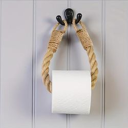 1pc Hemp Rope Toilet Roll Paper Holder, Rustic Decorative Towel Storage Rack, Wall Mounted Tissue Container, Hanging Bathroom Tissue Shelf, Bathroom Accessories, Home Decor, Furniture For Home