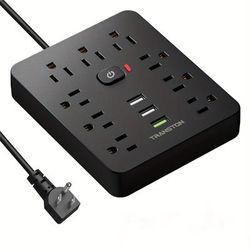 With Protector Row Plug Fireproof Desktop Charging Station 9 Outlets 3 Usb Ports With Flat Panel Plug Wall Mounted 5ft Extension Cord For Home And Office Black