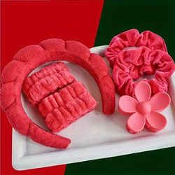 6 Pcs/set Solid Color Sponge Headband Women's Hair Band Wristband Flower Shaped Hair Claw Clips Plush Hair Tie Set For Wash Face Spa And Make Up