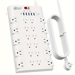 Superdanny Power Strip Protector With 22 Ac Outlets And 6 Usb Charging Ports, 6.5ft Mountable Flat Plug Extension Cord (1875w/15a) For Home, Office, Dorm, Gaming Room, 2100 Joules, White