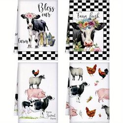 4pcs, Kitchen Towels, Animal Series Dish Towels, Farmhouse Rustic Style Absorbent And Soft Tea Towel Set, Quick Drying Dish Cloths, Cleaning Supplies, Kitchen Decor