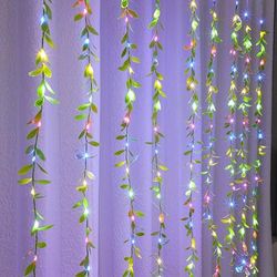 1pc Willow Leaf Curtain Lamp, With 100 Led Usb Powered String Lights, Artificial Plants, Room Decor, Hanging Fake Plants, Fake Leaves For Balcony Wall, Garden, Patio Decoration Lamp
