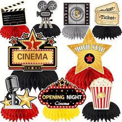 9pcs, Movie Honeycomb Centerpiece Movie Night Party Decoration Microphone Ticket Star Video Paper Centerpiece Sign Movie Night Supplies For Birthday Party 3d Table Decoration