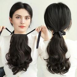 Ponytail With Ribbon Tie Wrapped Around Short Curly Wavy Ponytail Extensions Synthetic Hair Extensions Elegant Natural Looking For Daily Use Hair Accessories