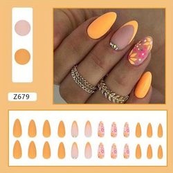 TEMU 24pcs Glossy Frosted Yellow Press On Nails - Medium Round Head Almond Shape Retro Flower False Nails For Women And Girls