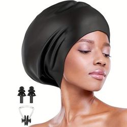 TEMU Silicone Swim Cap For Long Thick Hair - Waterproof Bathing Hat With Nose Clip & Earplugs, Ideal For Dreadlocks, Braids, Weaves, Extensions, Curls & , Black, Non-textile Materials, Hand Washable