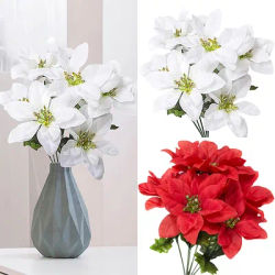 Artificial Poinsettia Shrubs 7 Heads Fabric Christmas White Silk Flower Fake Red Plants Festival Wedding Bouquet Home Decoration