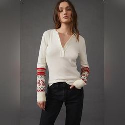 Free People Tops | Free People We The Free Mikah Printed Cuff Thermal Top In Cream Combo | Color: Cream | Size: Xl
