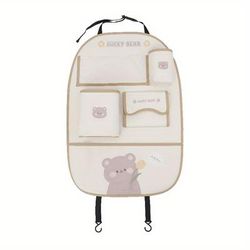 TEMU Cute Cartoon Car Seat Back Organizer, Multi-pocket Storage Bag With Anti-kick Protection Pad, Leather, Universal Fit For Vehicle Interior Accessories, Car Seat Back Organizer