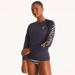 Nautica Women's Solid Rash Guard Swim Shirt Stellar Blue Heather, S