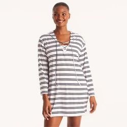 Nautica Women's Striped Hooded Cover Up Swim 101 (Bright White), M