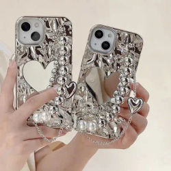 Fold Love Heart Mirror Face Pearl Chain custodia in Tpu per iPhone 12 13 15 Pro Max 14 11 Pro 7 8