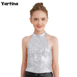 Bambini ragazze scintillanti paillettes Halter Crop Top ginnastica Jazz Dance Performance Top senza