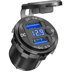 12V USB Outlet Dual 36W Quick Charge 3.0 Aluminum Socket 12V Motorcycle USB Outlet with LED Voltmeter Button Switch Waterproof