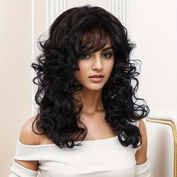 Long Curly Wavy Big Wave Wig With Bangs Synthetic Wig Beginners Friendly Heat Resistant Elegant For Daily Use Wigs For Women