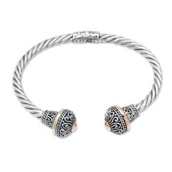 '18k Gold-Accented Silver Cuff Bracelet with Floral Details'