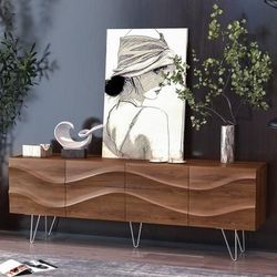 Modern TV Stand, Mid-Century TV Bench with Drawers, Cabinets, Tall-Cast Legs, 78"