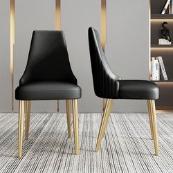 Modern Black Dining Chair (Set of 2), PU Lether Upholstery, Golden Stainless Steel Legs, Assembly Needed