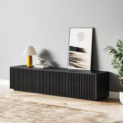 71" Modern Minimalist Wood TV Stand, Slatted Entertainment Center,Media Console, Black TV Console, Fully-Assembled, Perfect for 65-inch TVs