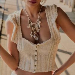 Free People Tops | New Free People Babe Knit Sleevesless Button Up Corset Style 81160038 | Color: Cream | Size: S